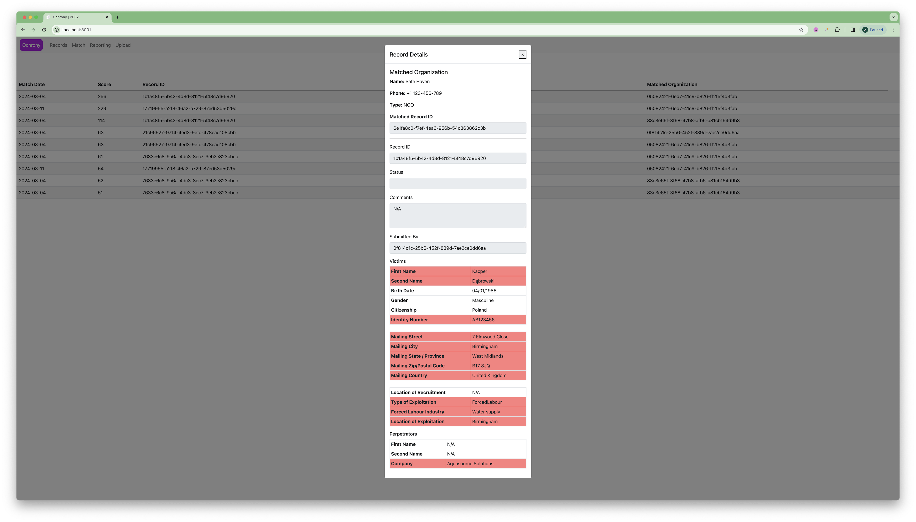 hope for justice private data exchange screenshot