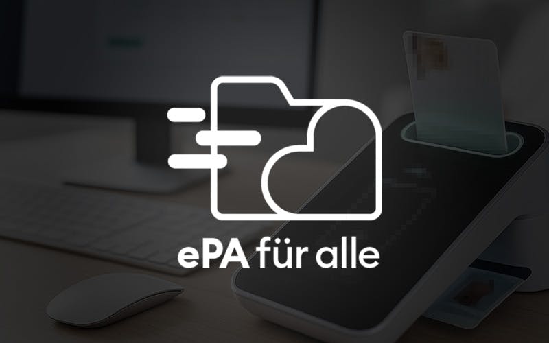ePA logo in white with a picture of a card reader at a doctor's practice in the background