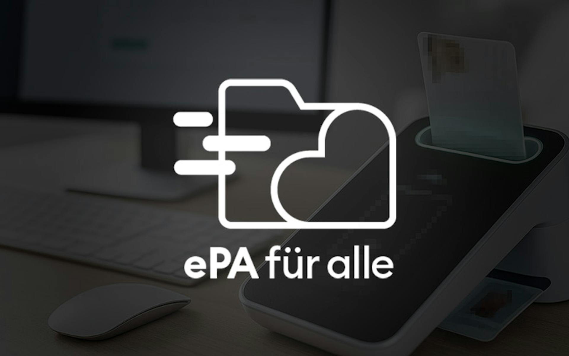 ePA logo in white with a picture of a card reader at a doctor's practice in the background