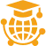Orange graduation cap-wearing globe icon. Globe-connected arched lines symbolise global education and connectivity.