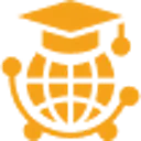 Orange graduation cap-wearing globe icon. Globe-connected arched lines symbolise global education and connectivity.