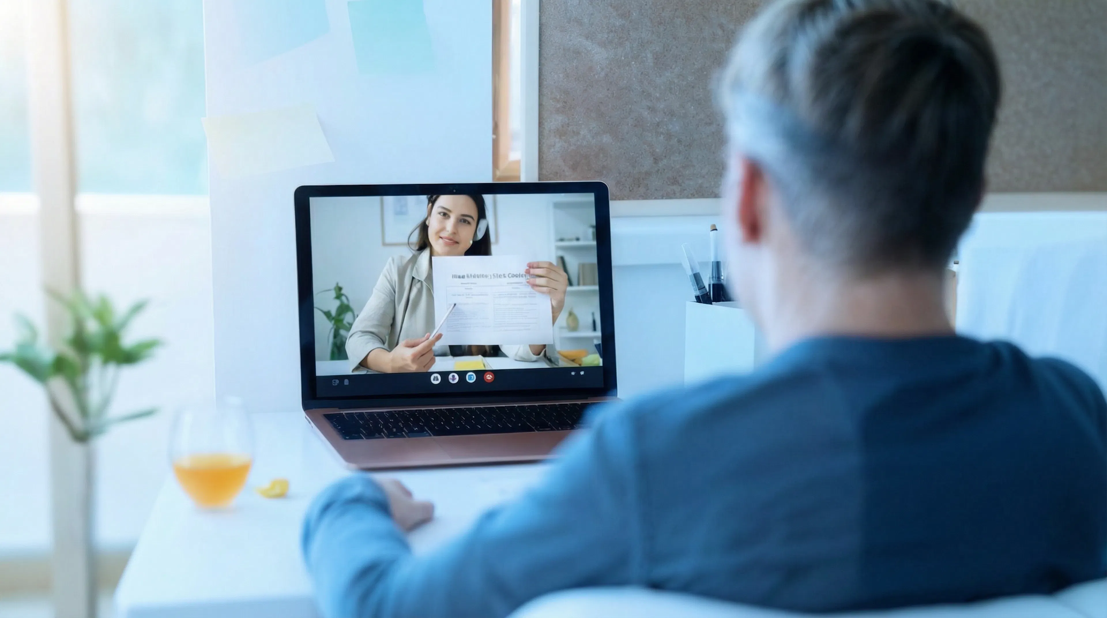 A person in a blue shirt sits at a desk, video conferencing on a laptop. On the screen, a woman holds a document. There's a glass of juice nearby.