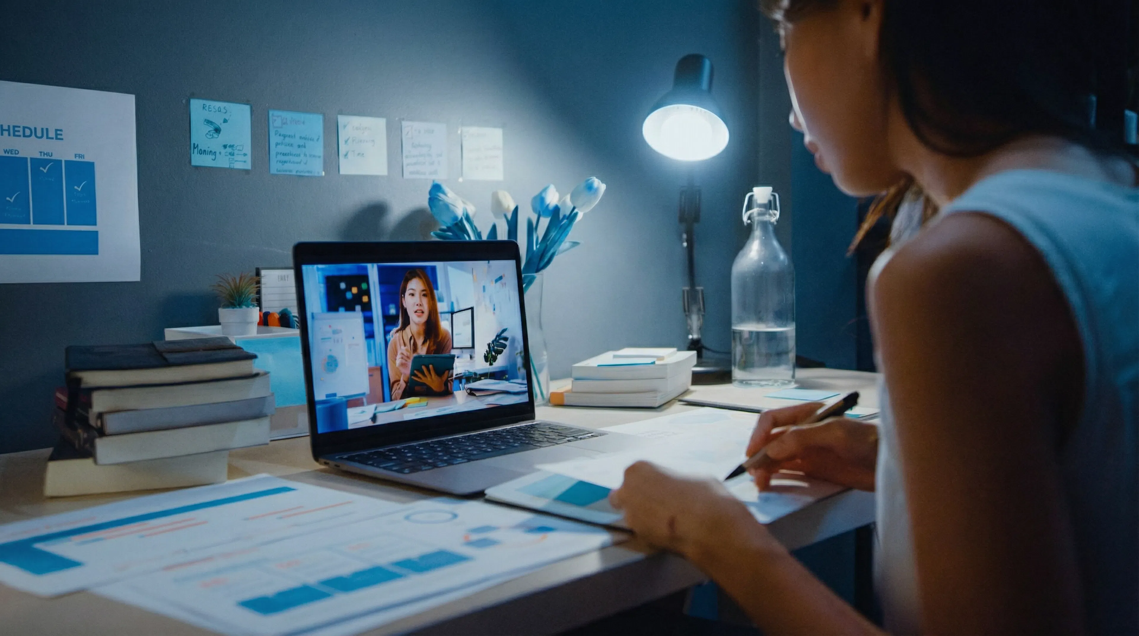 A woman studies at a desk under a lamp, engaged in a video call on her laptop. Notes and books are spread out, suggesting focus and productivity.