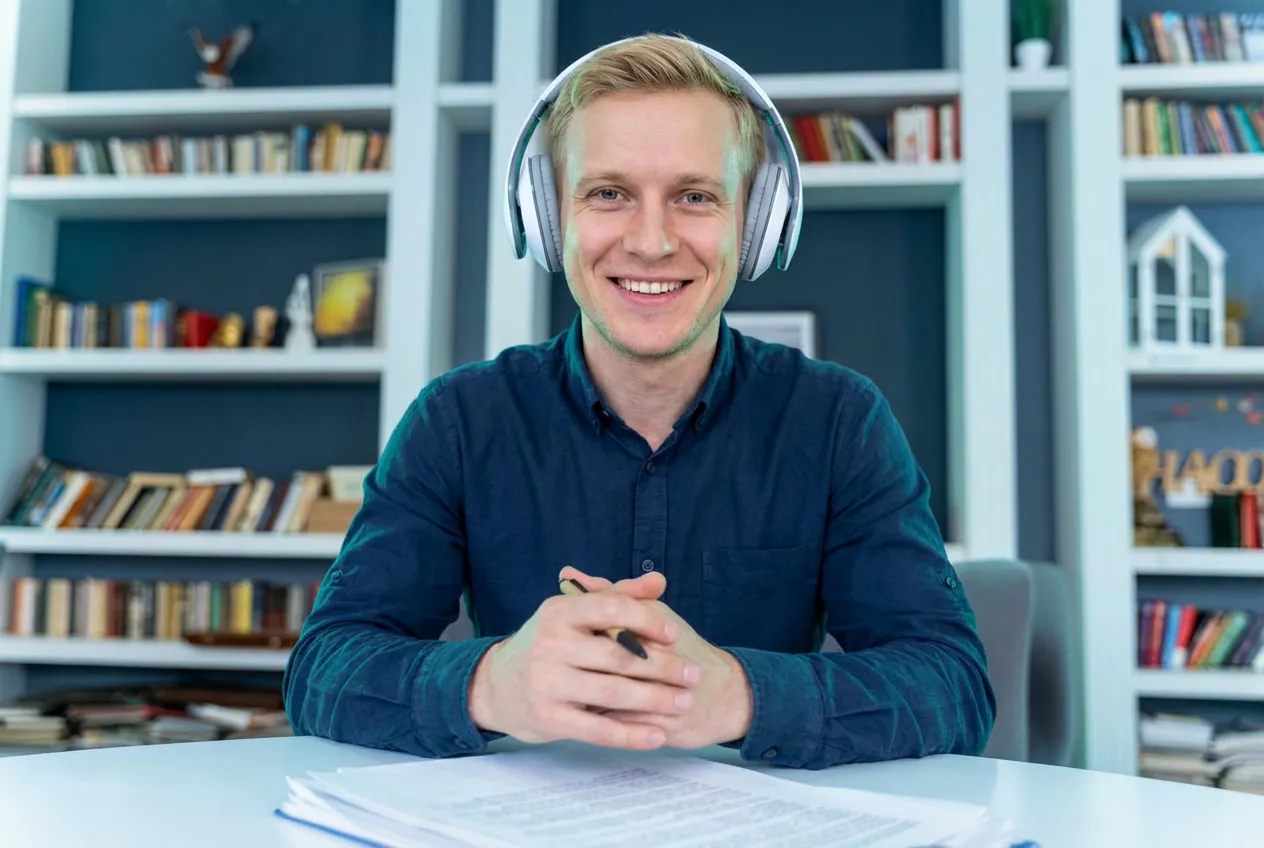 A smiling man wearing headphones sits at a desk with papers, against a backdrop of a bookshelf filled with books. He exudes a friendly, approachable vibe.