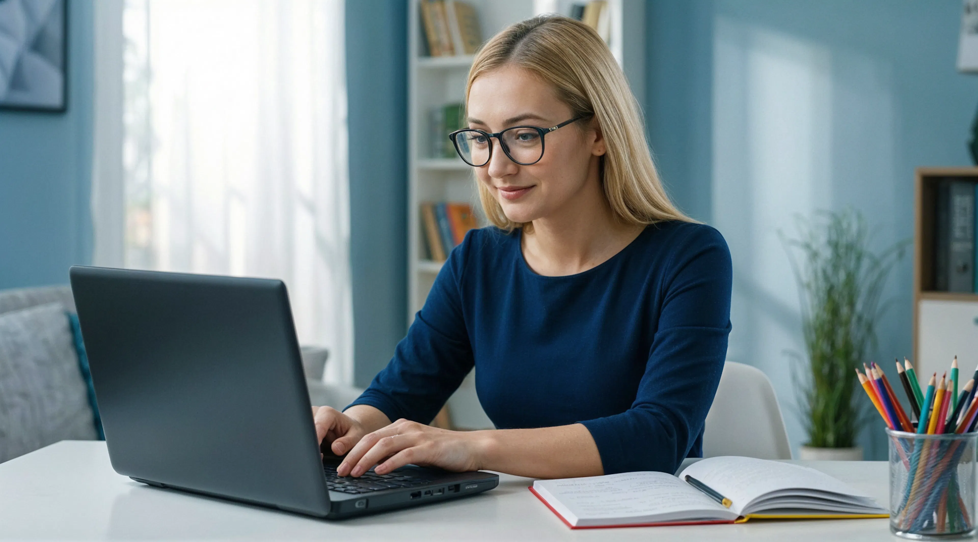 A woman with glasses sits at a desk, typing on a laptop. She is focused and smiling. Nearby are a notebook and colourful pencils, suggesting a study or work setting.