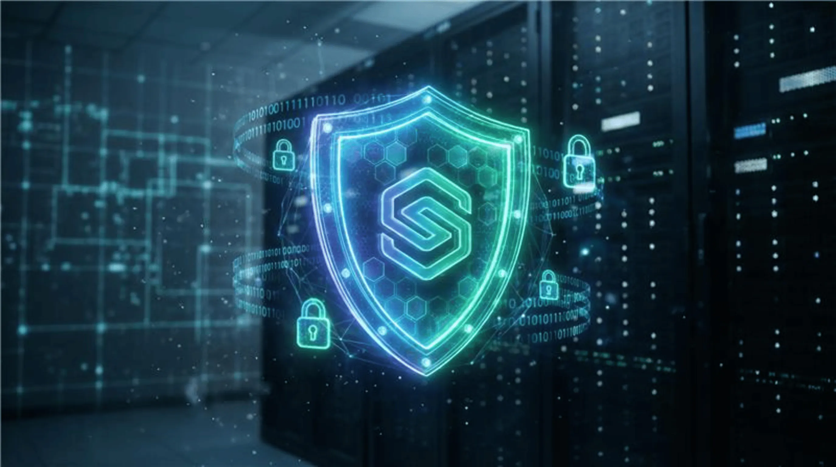 A glowing digital shield with a hexagonal pattern and lock icons appears over a server room, symbolising cybersecurity and data protection.