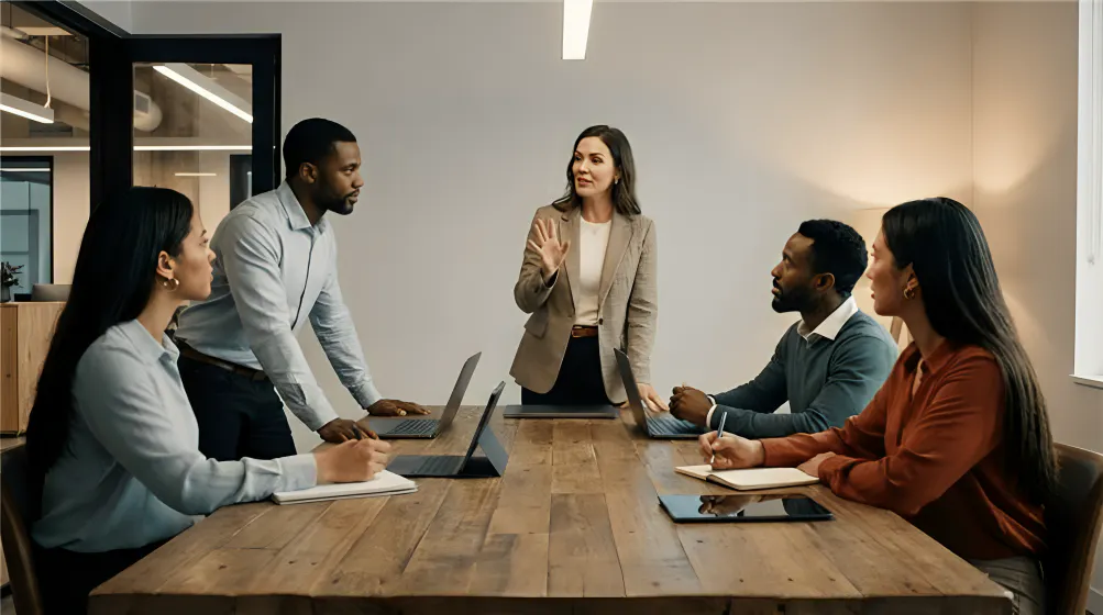 A woman stands at a conference table speaking to four seated colleagues. The room is modern, and everyone appears engaged, suggesting a collaborative tone.