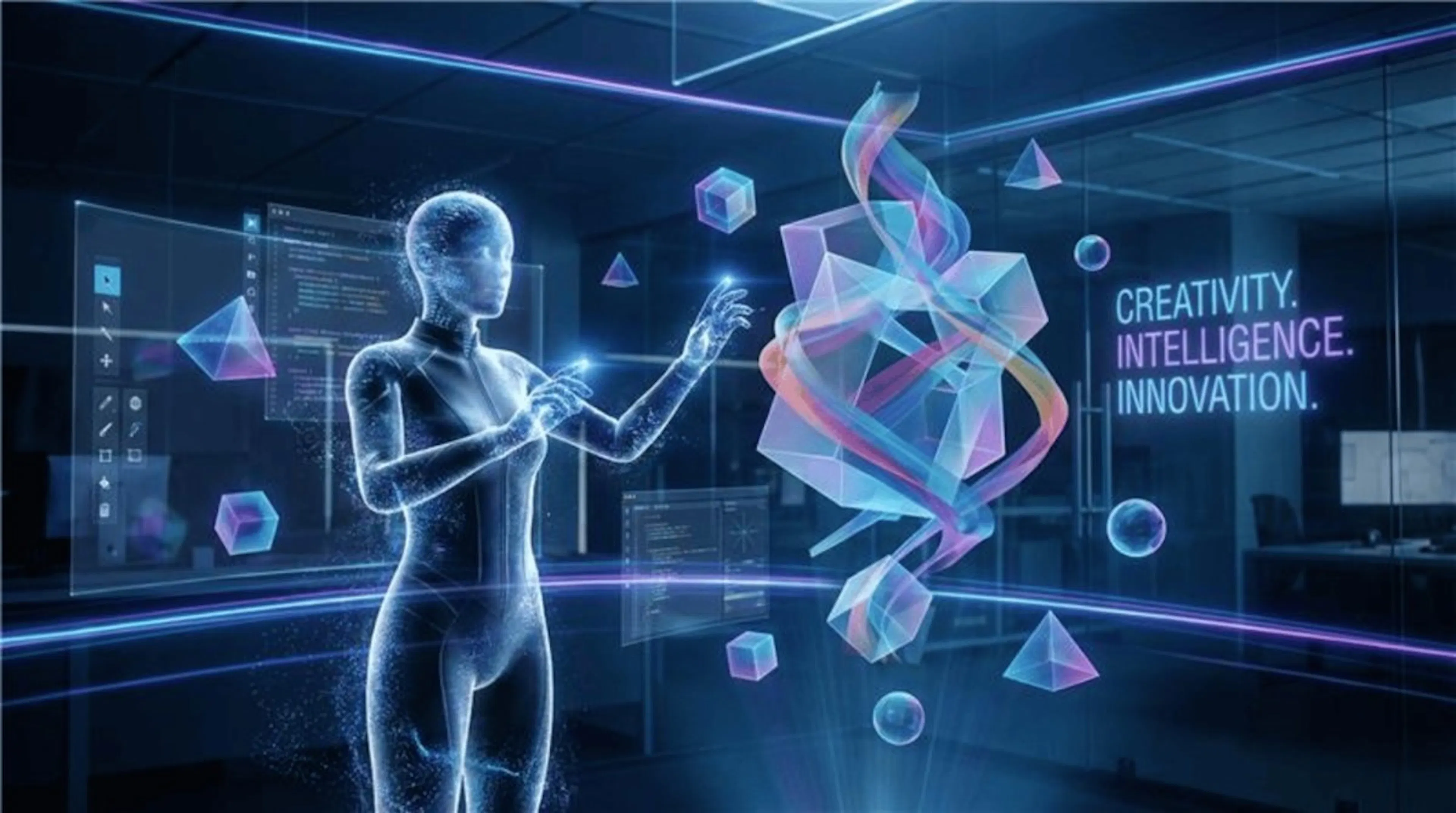 A digital humanoid interacts with floating geometric shapes and code screens in a futuristic room.