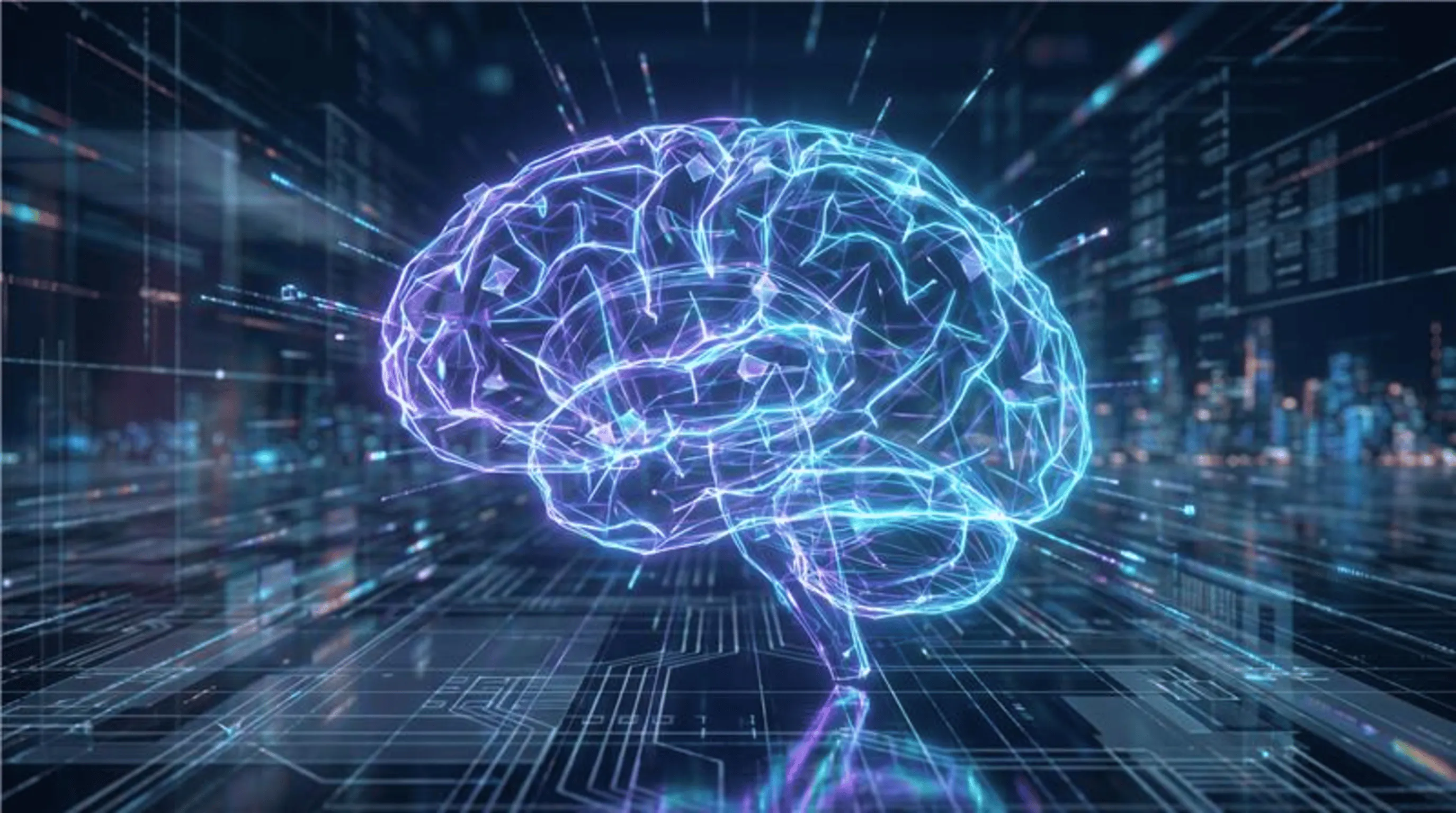 A glowing digital brain with neon blue lines on a dark, futuristic grid background, symbolising technology and artificial intelligence.