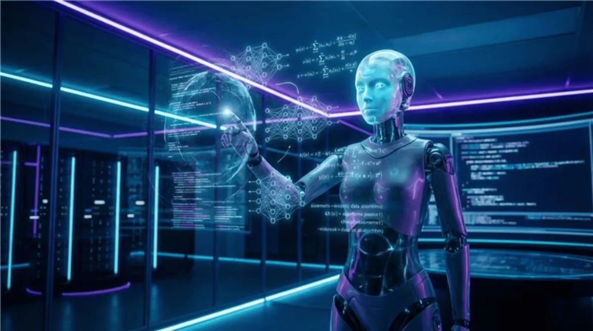 A humanoid robot interacts with holographic data in a futuristic, neon-lit server room. The scene conveys advanced technology and innovation.