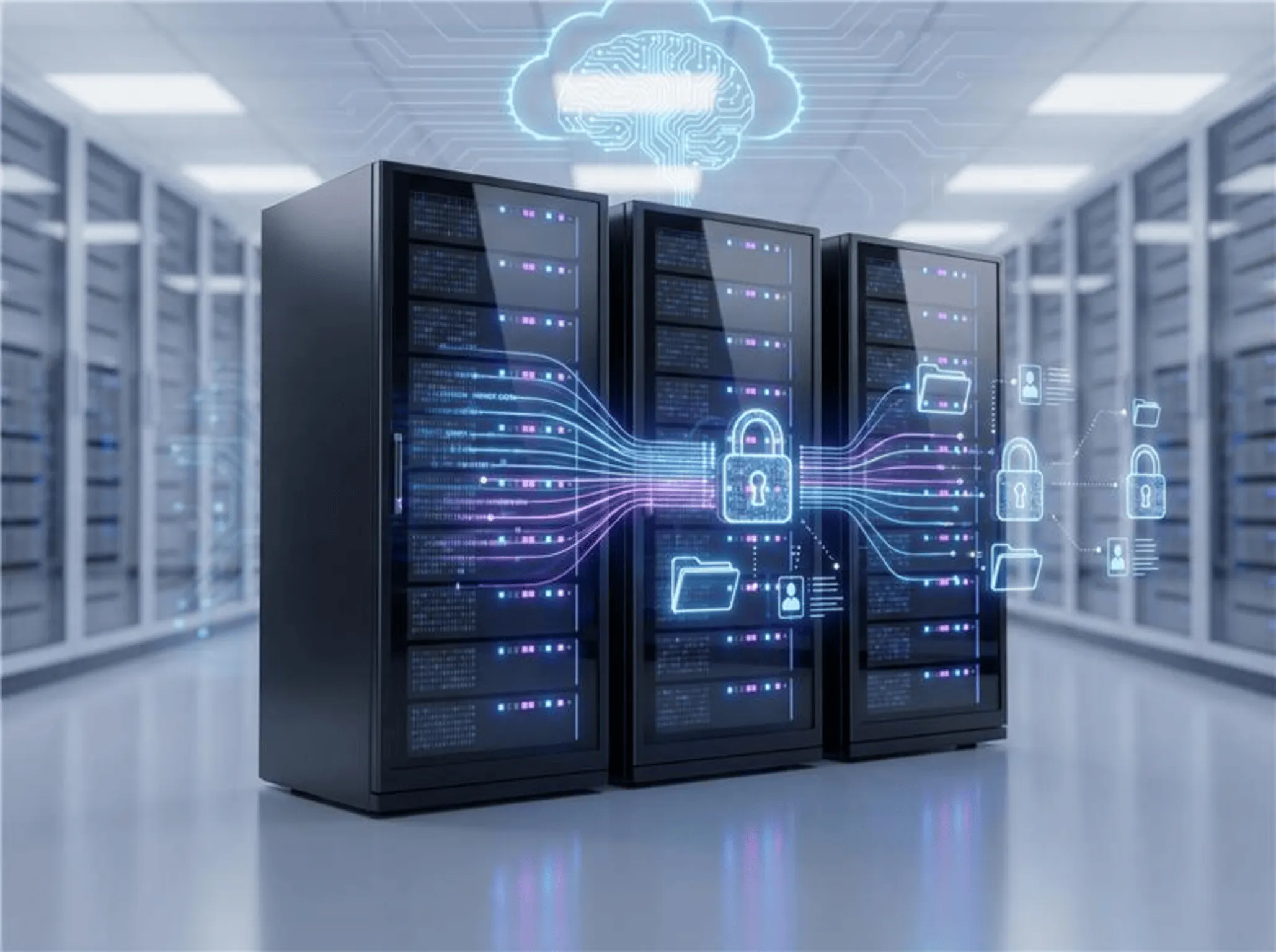 Three server racks in a data center, overlaid with digital graphics of a cloud and locks, represent cloud computing and data security.