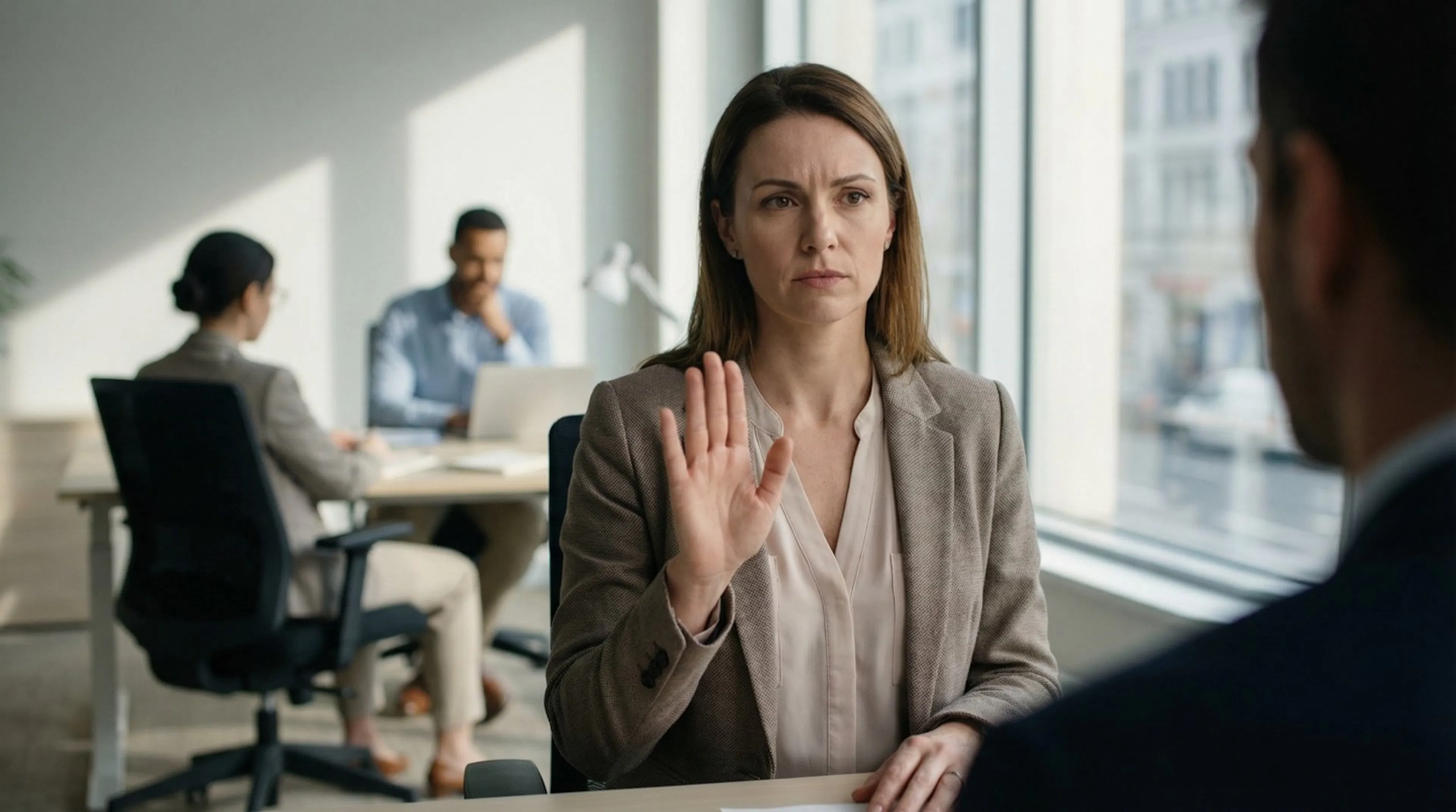A woman in a business suit raises her hand to signal stop, facing a man in an office. Two colleagues work on laptops in the background. The mood is tense.