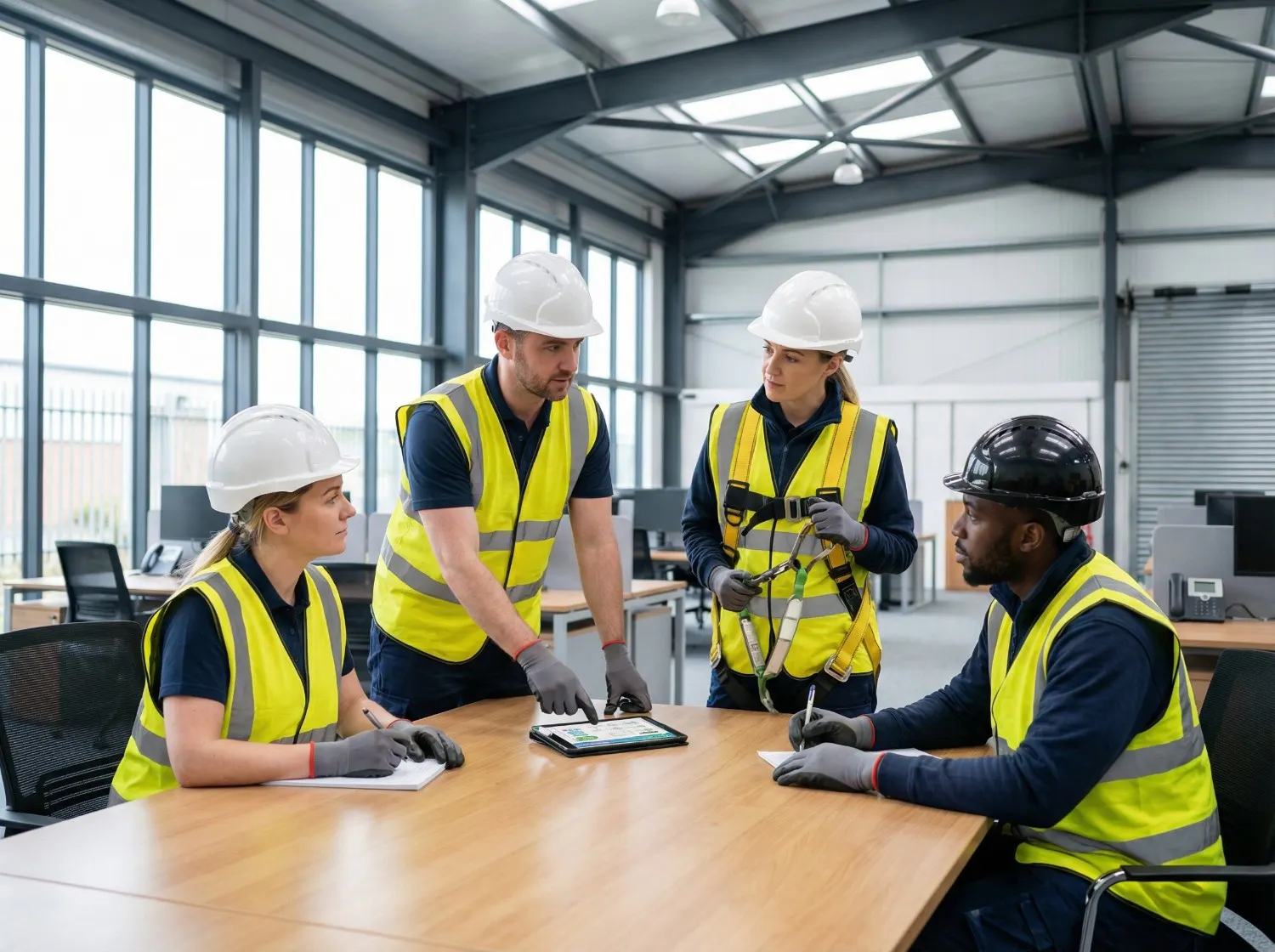 Four construction workers in safety gear gather around a table, focusing on a tablet. They discuss intently, suggesting collaboration and teamwork.