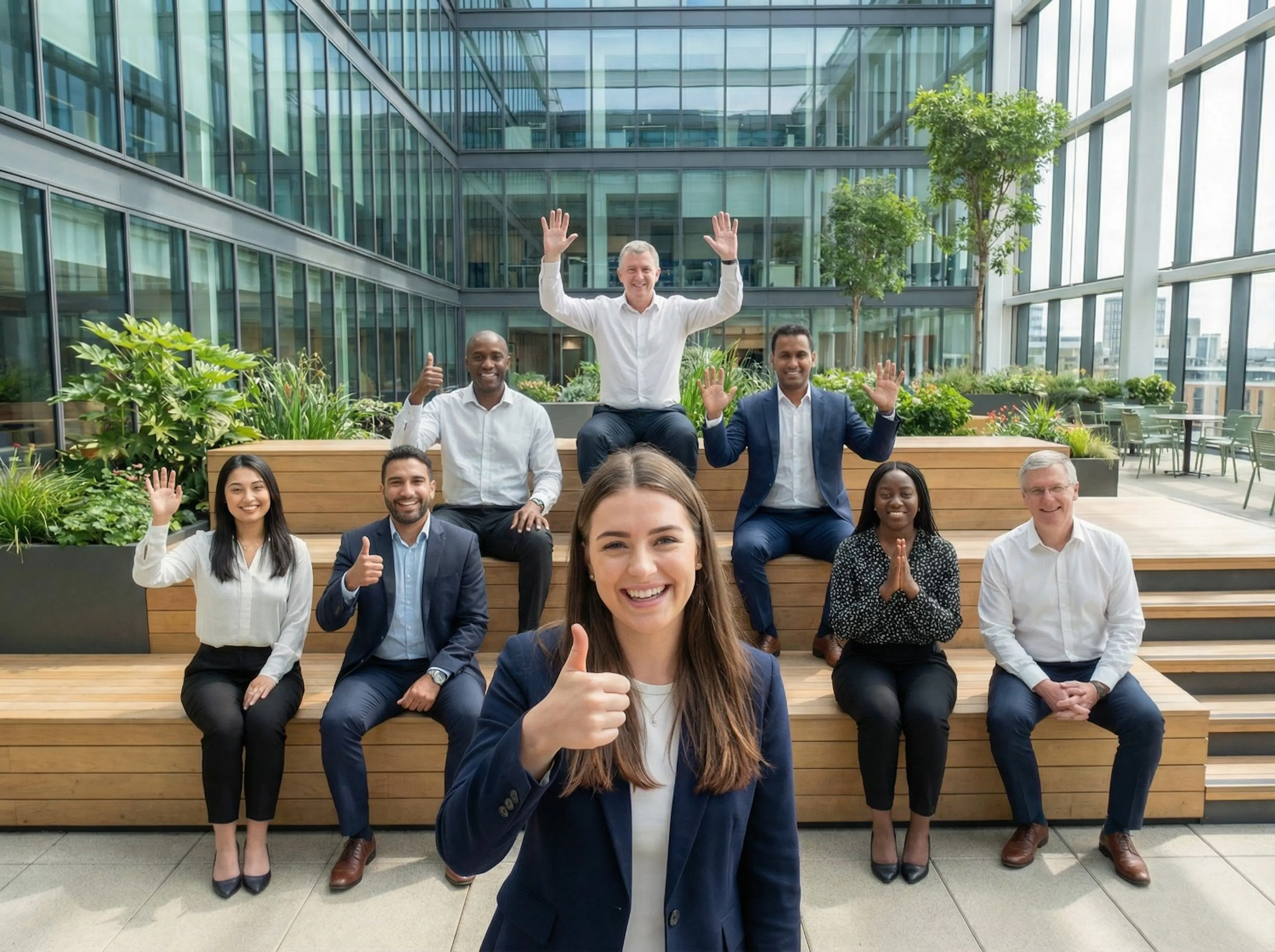 A smiling woman in the foreground gives a thumbs-up. Behind her, a diverse group of eight business professionals sit on outdoor steps, happily waving.
