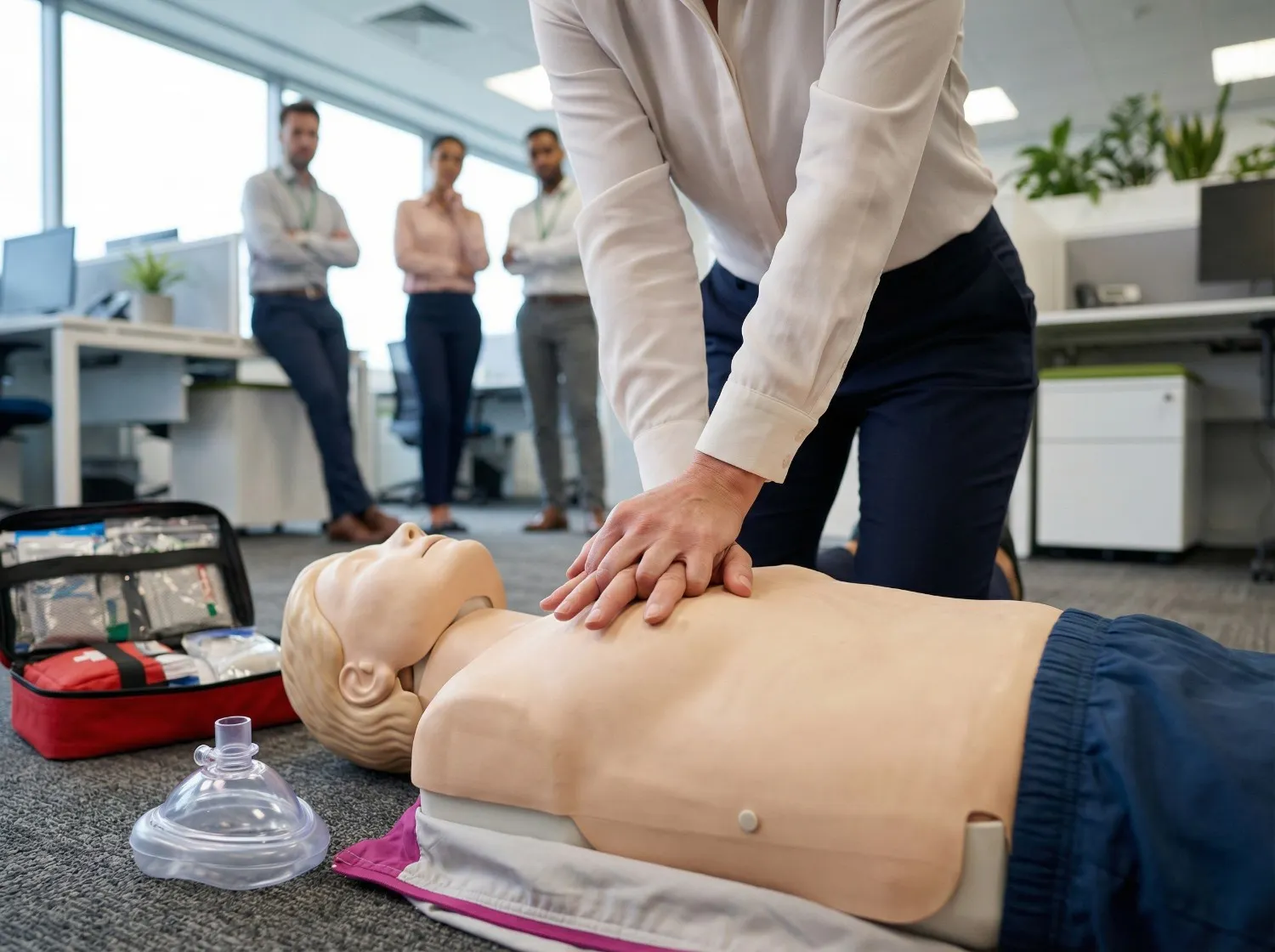 A person performs CPR on a training mannequin in an office setting. Colleagues watch attentively in the background, with a medical kit and mask nearby.