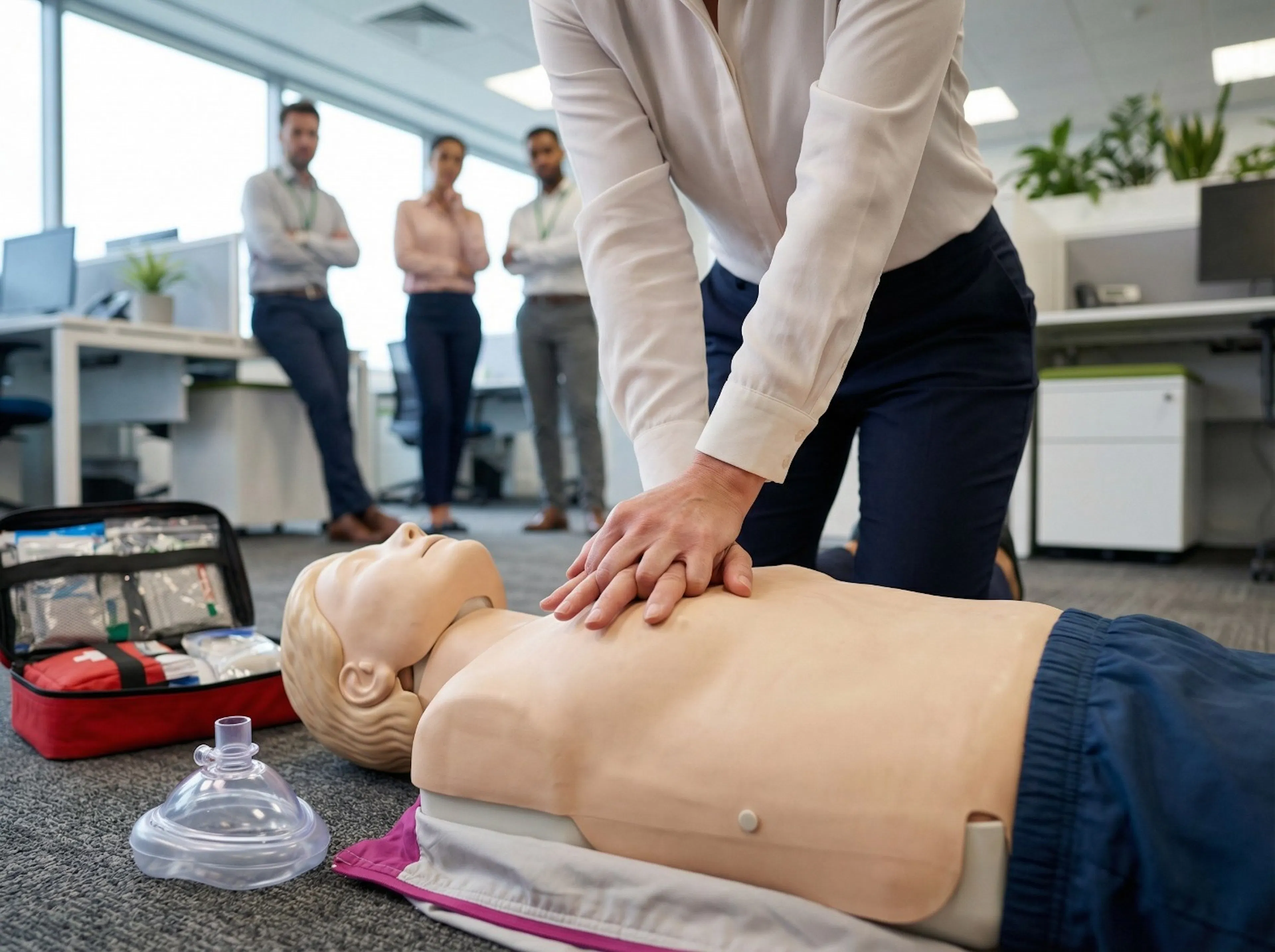 A person performs CPR on a training mannequin in an office setting. Colleagues watch attentively in the background, with a medical kit and mask nearby.