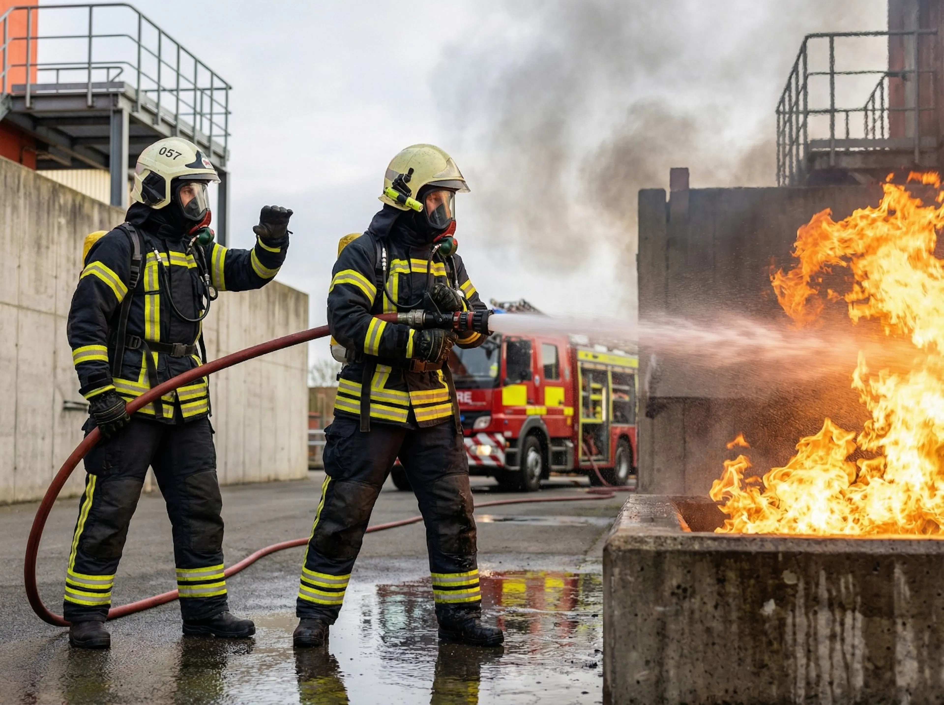 Firefighters in protective gear use a hose to extinguish intense flames. A fire truck and smoke are visible in the background. They appear focused and determined.