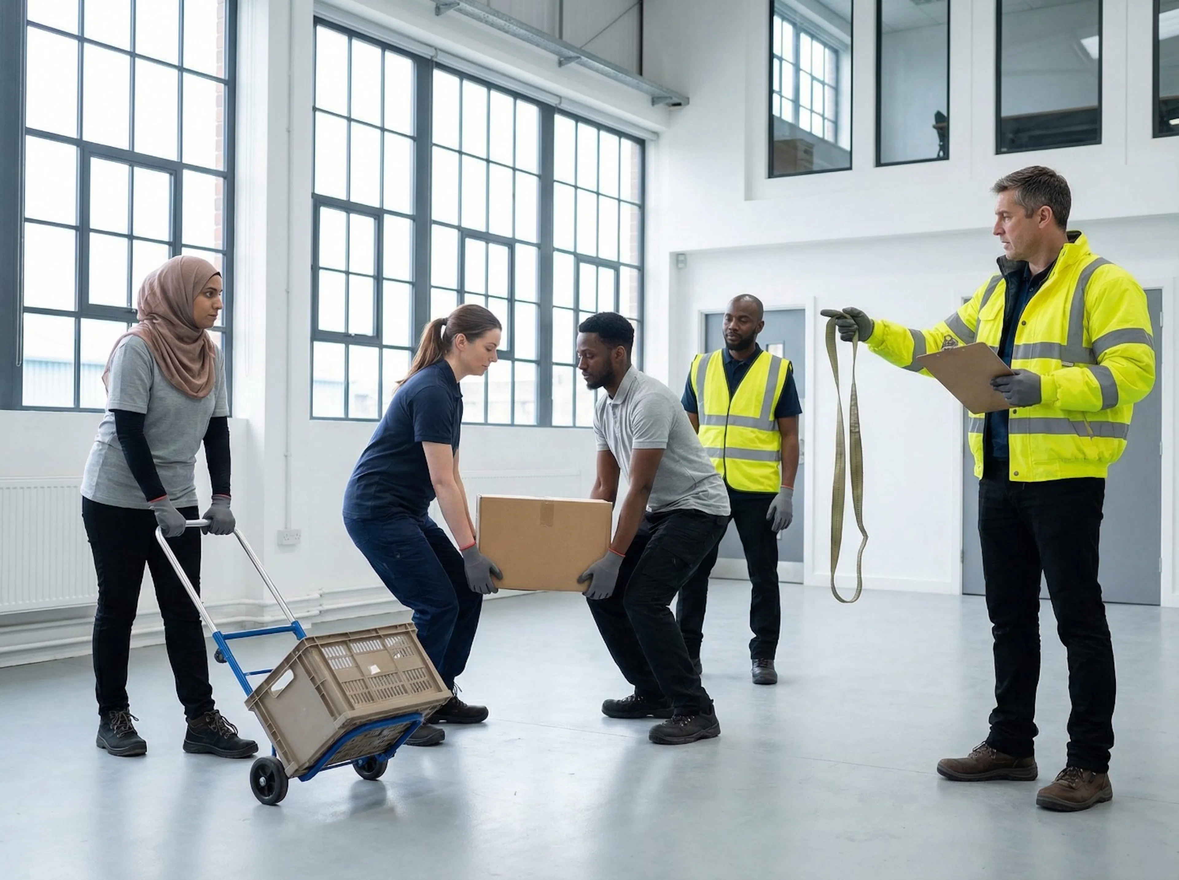 A group of warehouse workers in a well-lit room; two lift a box together, and another pushes a cart. The supervisor oversees with a clipboard and strap. Teamwork scene.