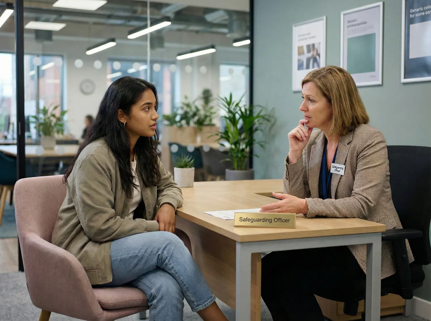 A woman in a blazer, labelled as a Safeguarding Officer, attentively listens to a young woman in a casual outfit. They are seated at a wooden desk in a modern office.
