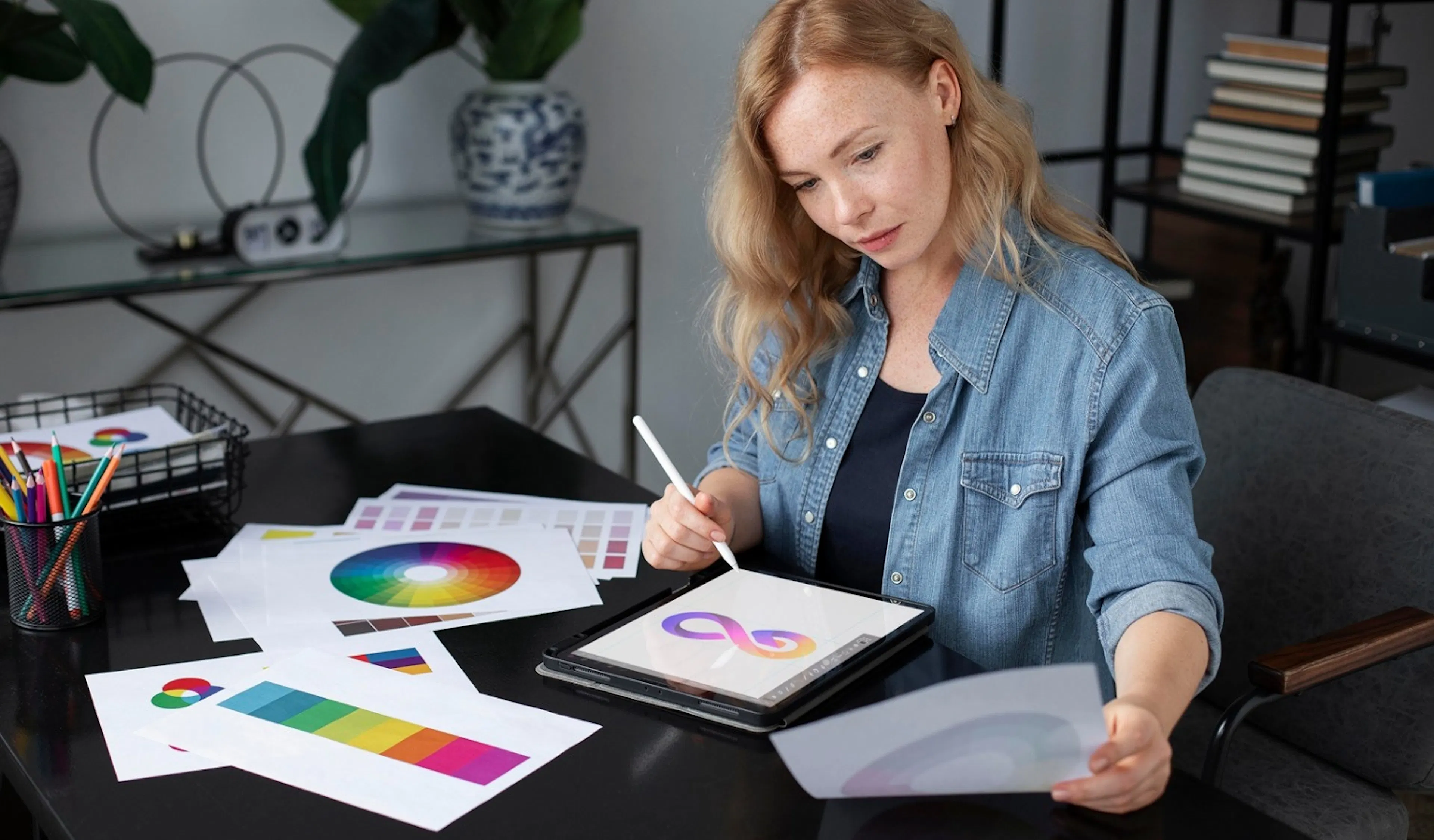 A woman in a denim shirt sits at a desk, sketching a colourful infinity symbol on a digital tablet. Colour wheels and charts are spread around, suggesting design work.