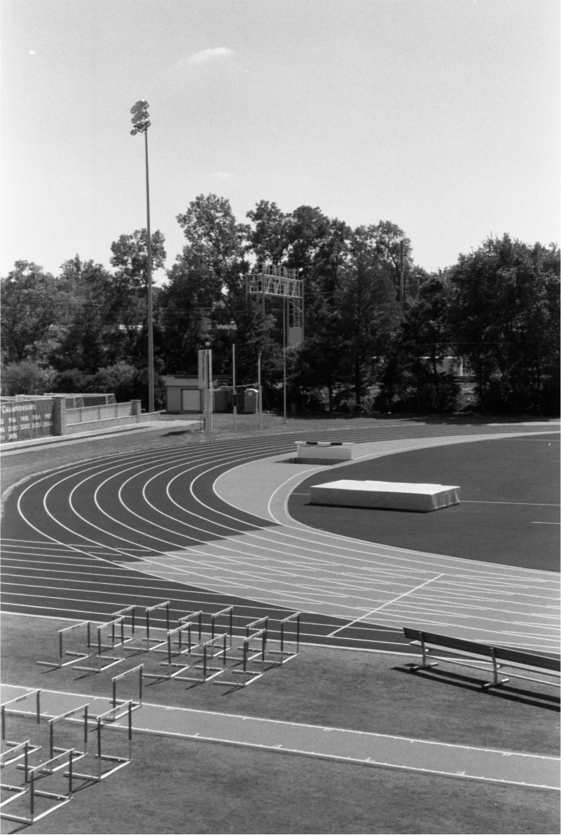 Black and white photo of a sports track