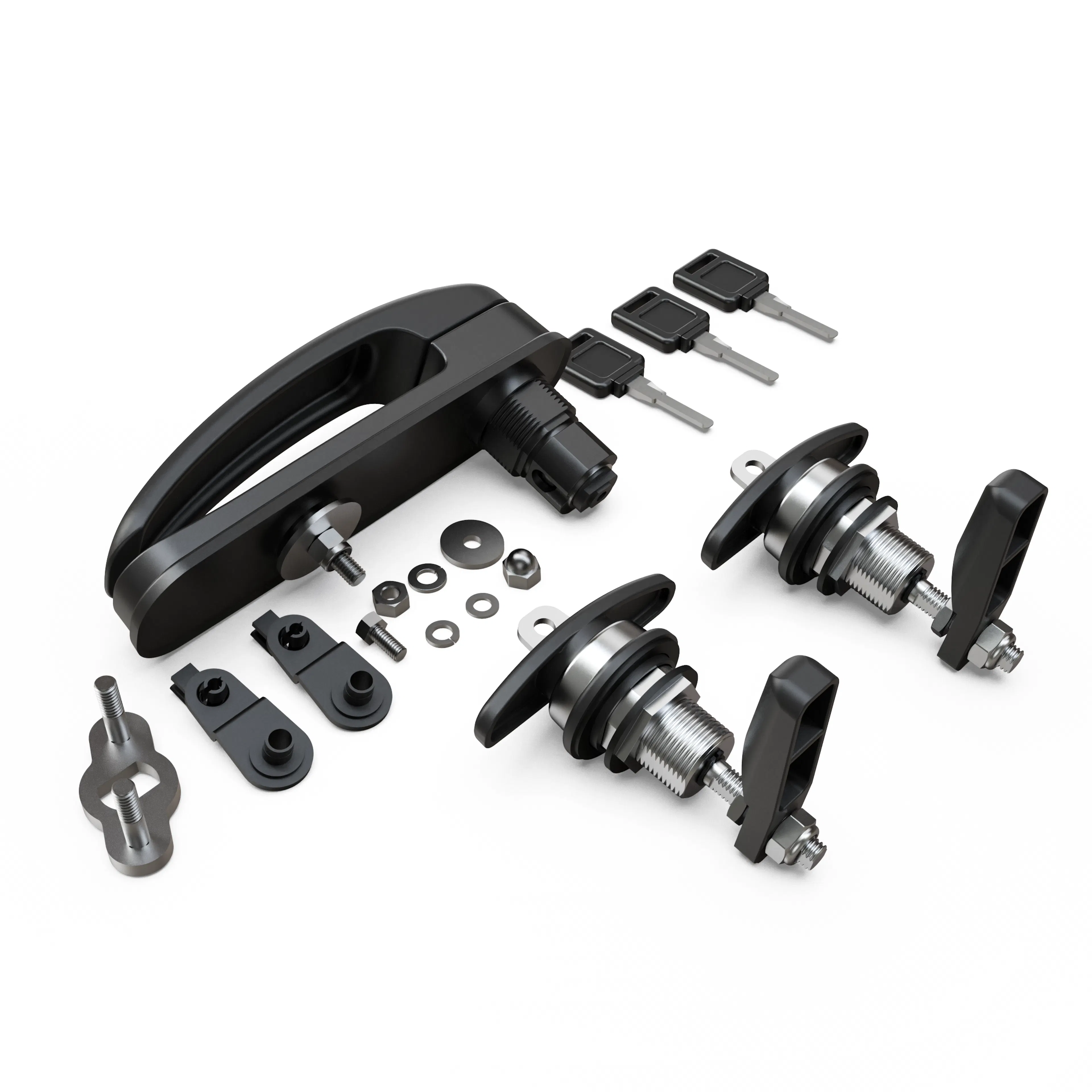 EGR premium canopy lock kit with keys, handles, latches, bolts, washers, and mounting hardware displayed on a white background.