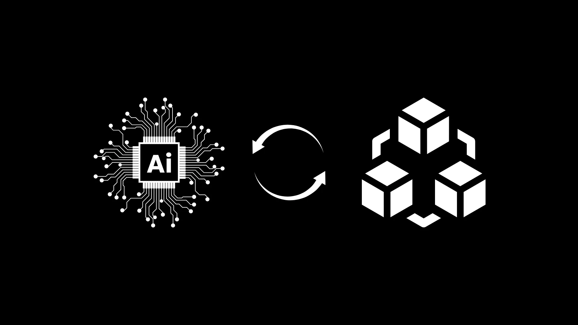An image with black background and Illustrations depicting a relationship between AI and Blockchain technology.