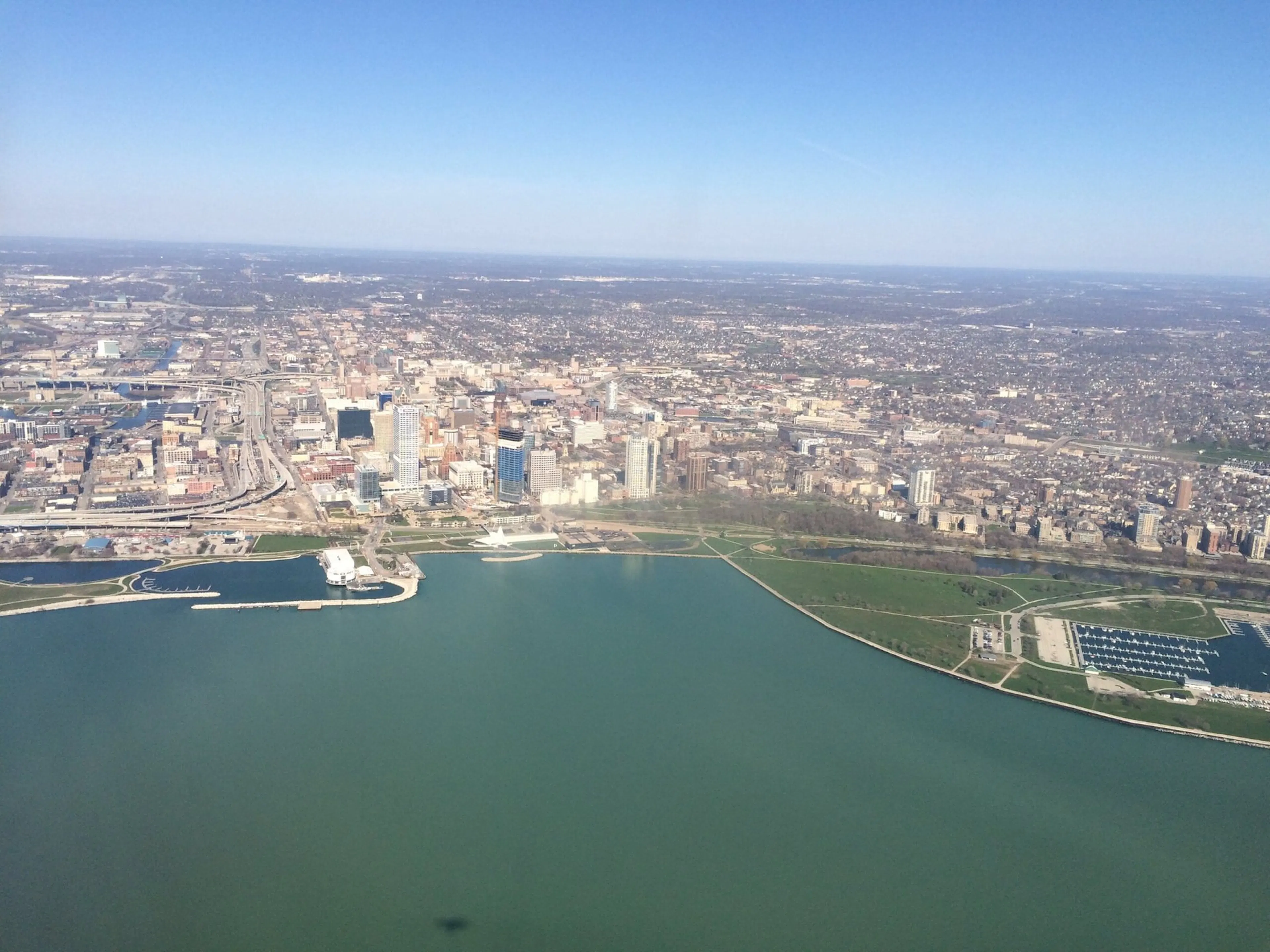 Aerial view of downtown Milwaukee and the Lake Michigan shoreline