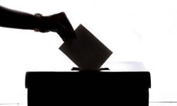 Une main déposant un carton d'élection dans l'urne