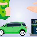 Illustration d'une voiture électrique qui charge, et d'une main qui donne des billets de banque à une autre main pour représenter l'achat d'une voiture électrique à crédit.