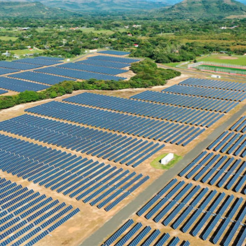 Illustration d'un champ couvert de panneaux solaires photovoltaïques qui représente l'agrovoltaïsme