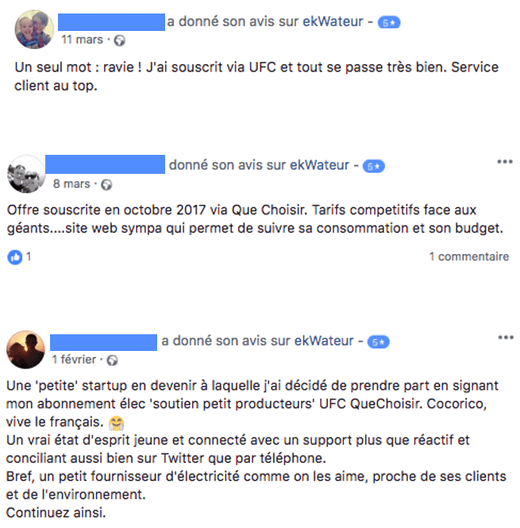 Quelques avis positifs des clients Ekwateur ayant souscrit à l'offre Energie moins chère ensemble d'UFC-Que choisir