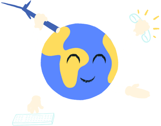 Une planète bleue et jaune avec quatre mains qui tiennent une éolienne, un téléphone et un clavier pour contacter Ekwateur