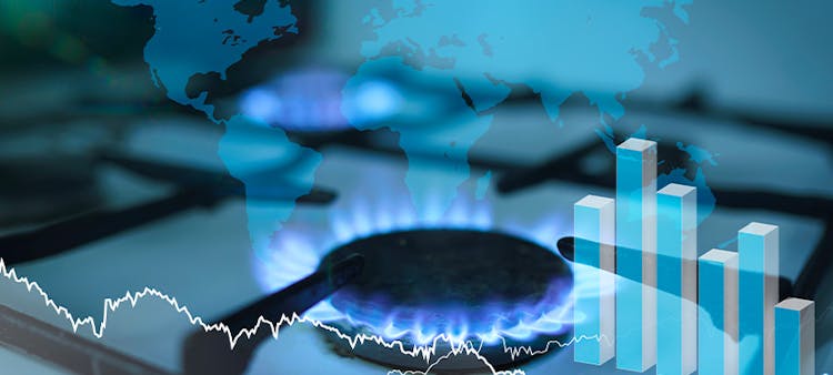 Une gazinière allumée sur un fond avec une carte du monde et des courbes pour représenter la crise de l'énergie