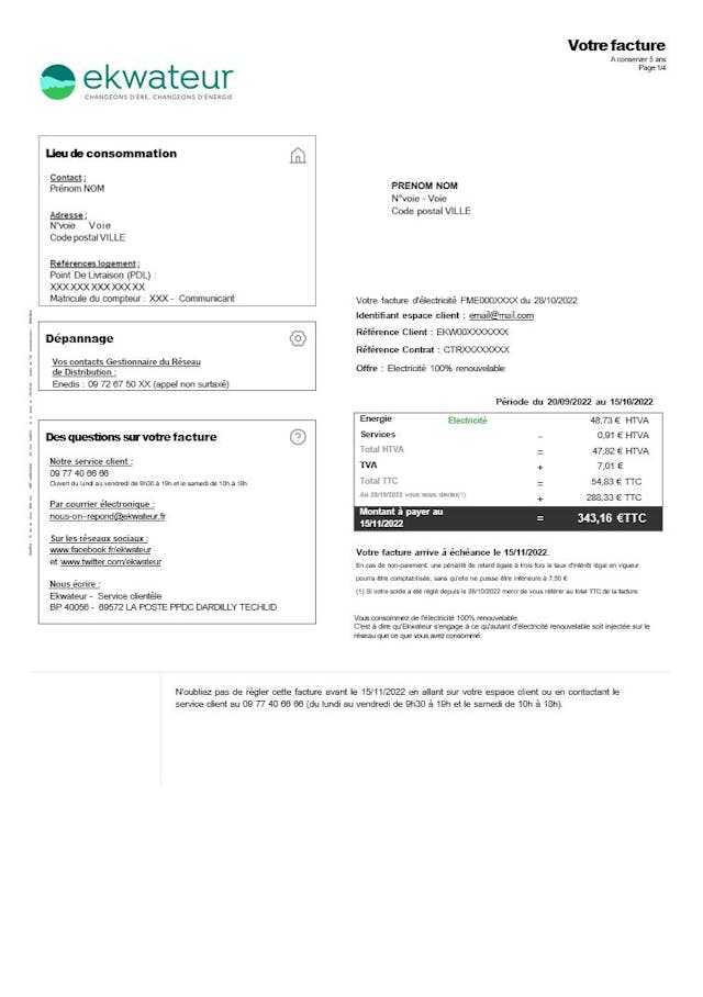 Facture mensuelle d'électricité - page 1