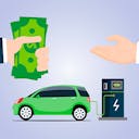 Illustration d'une voiture électrique qui charge, et d'une main qui donne des billets de banque à une autre main pour représenter l'achat d'une voiture électrique à crédit.