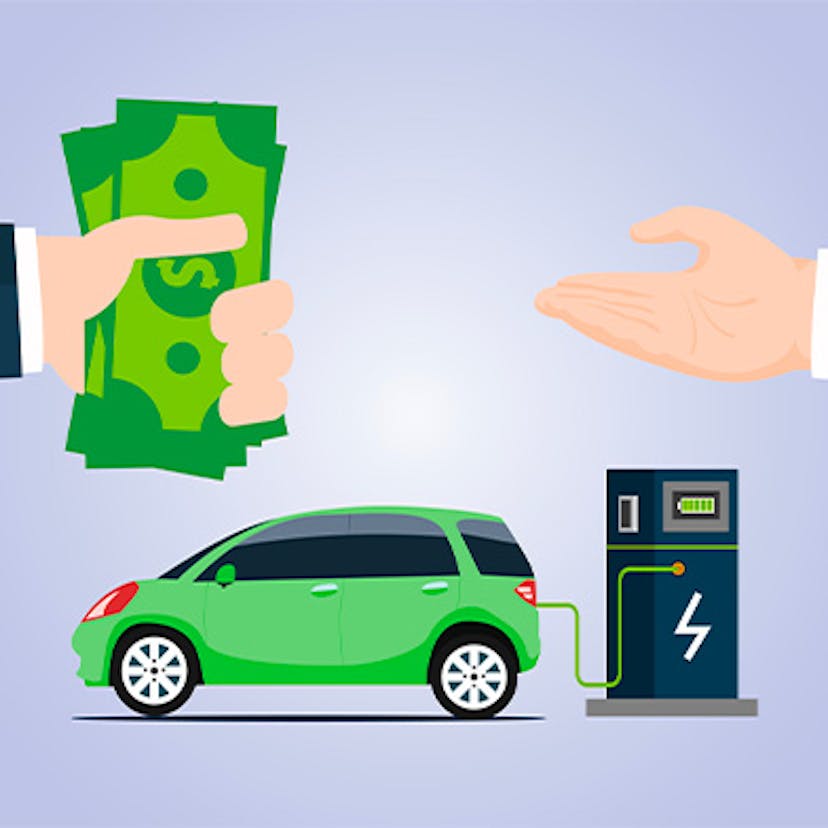 Illustration d'une voiture électrique qui charge, et d'une main qui donne des billets de banque à une autre main pour représenter l'achat d'une voiture électrique à crédit.