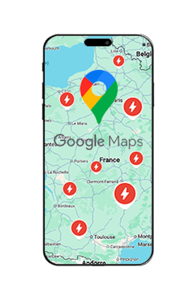 un téléphone avec google maps qui montre les bornes