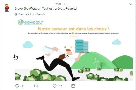 Un commentaire Twitter sur la nouvelle page d'erreur d'Ekwateur : "Notre serveur est dans les choux !"