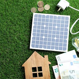 Panneau solaire avec une maisonnette en bois et de l'argent sur de l'herbe.