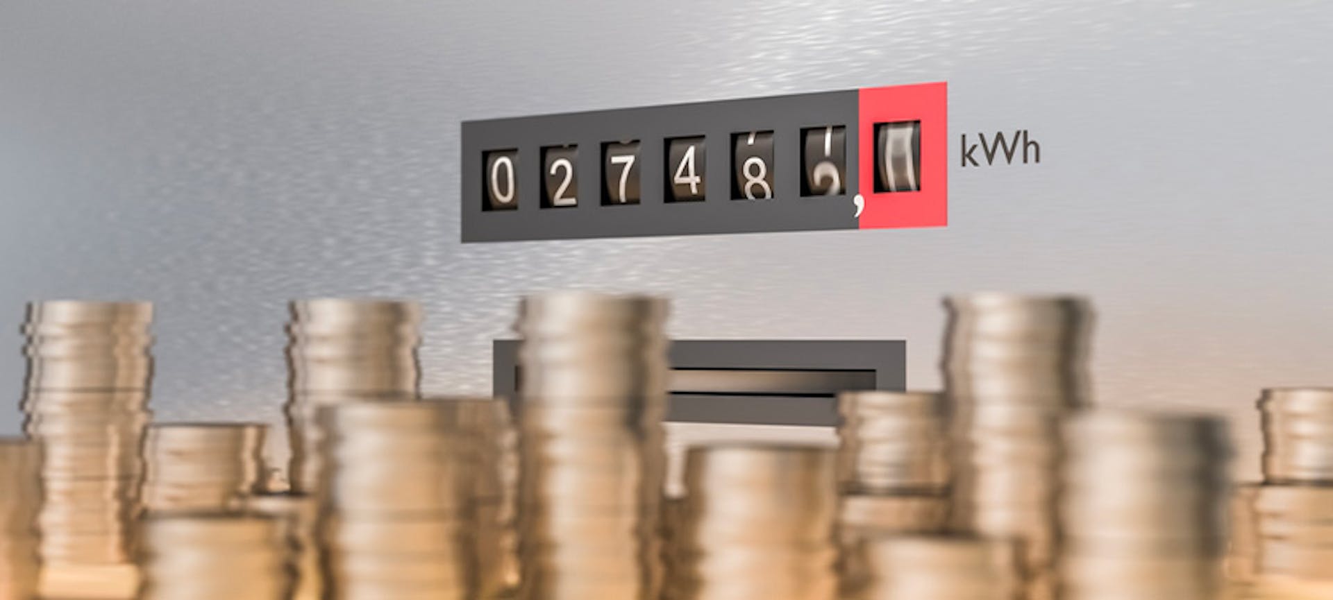 Une pile de pièces devant un compteur de kWh qui défile : le TRV de l'électricité, également appelé le tarif bleu.