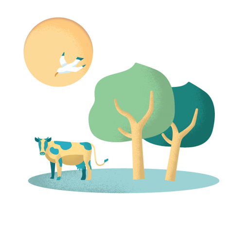 Illustration de nature avec une vache sous deux arbres et une mouette dans le ciel