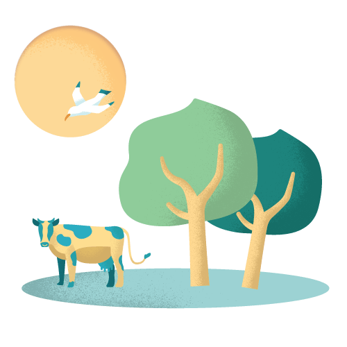 Illustration de nature avec une vache sous deux arbres et une mouette dans le ciel