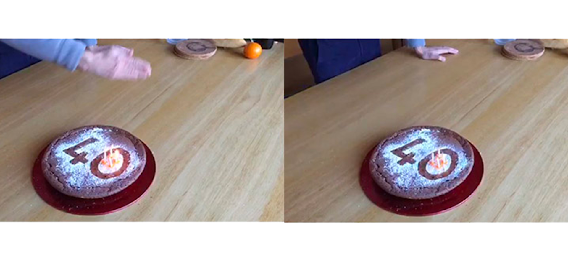 Un gâteau avec des bougies allumées puis éteintes