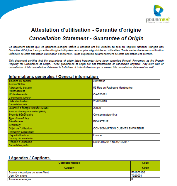 Le document d'attestation d'utilisation par Ekwateur des garanties d'origine de son énergie renouvelable