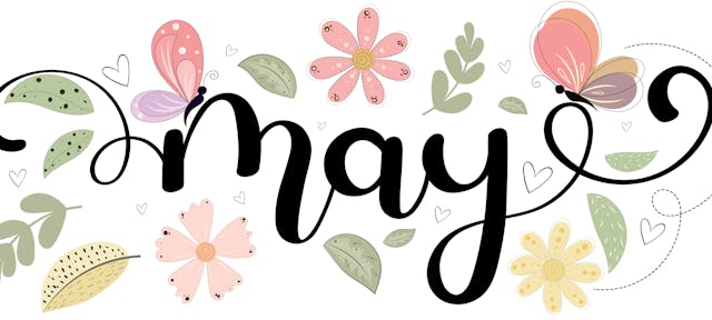 moi de Mai écris en anglais avec des fleurs autour 
