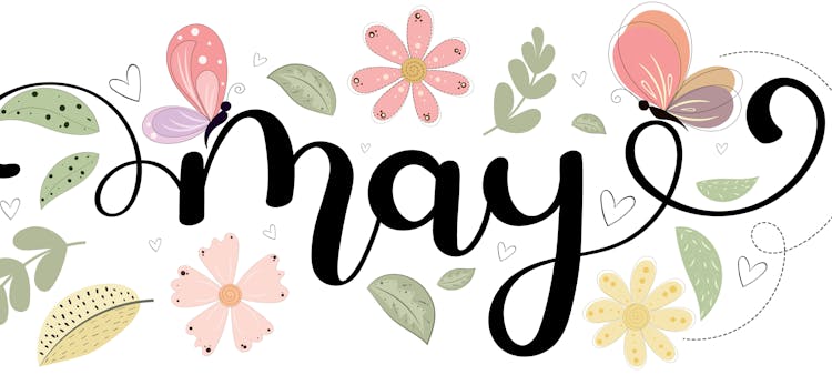 moi de Mai écris en anglais avec des fleurs autour 