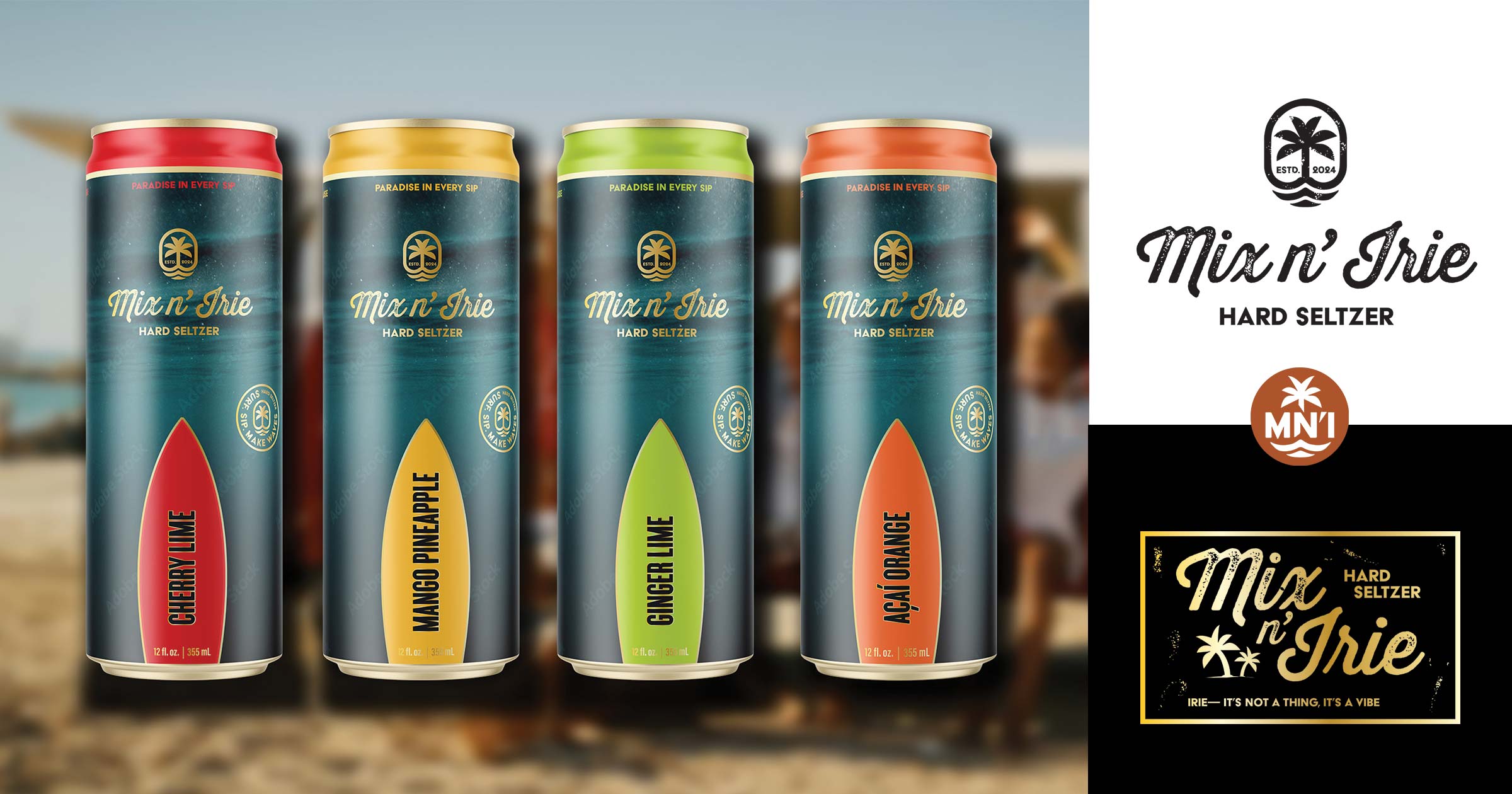 Mix N’ Irie hard seltzer lineup on a tropical background