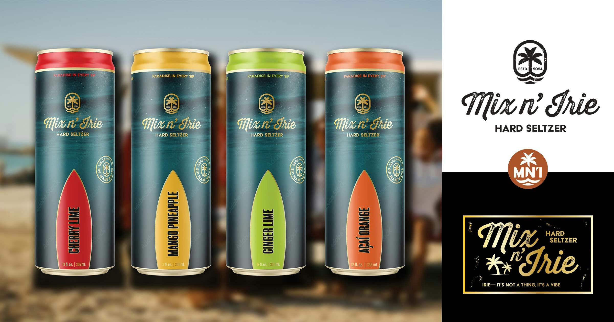 Mix N’ Irie hard seltzer lineup on a tropical background