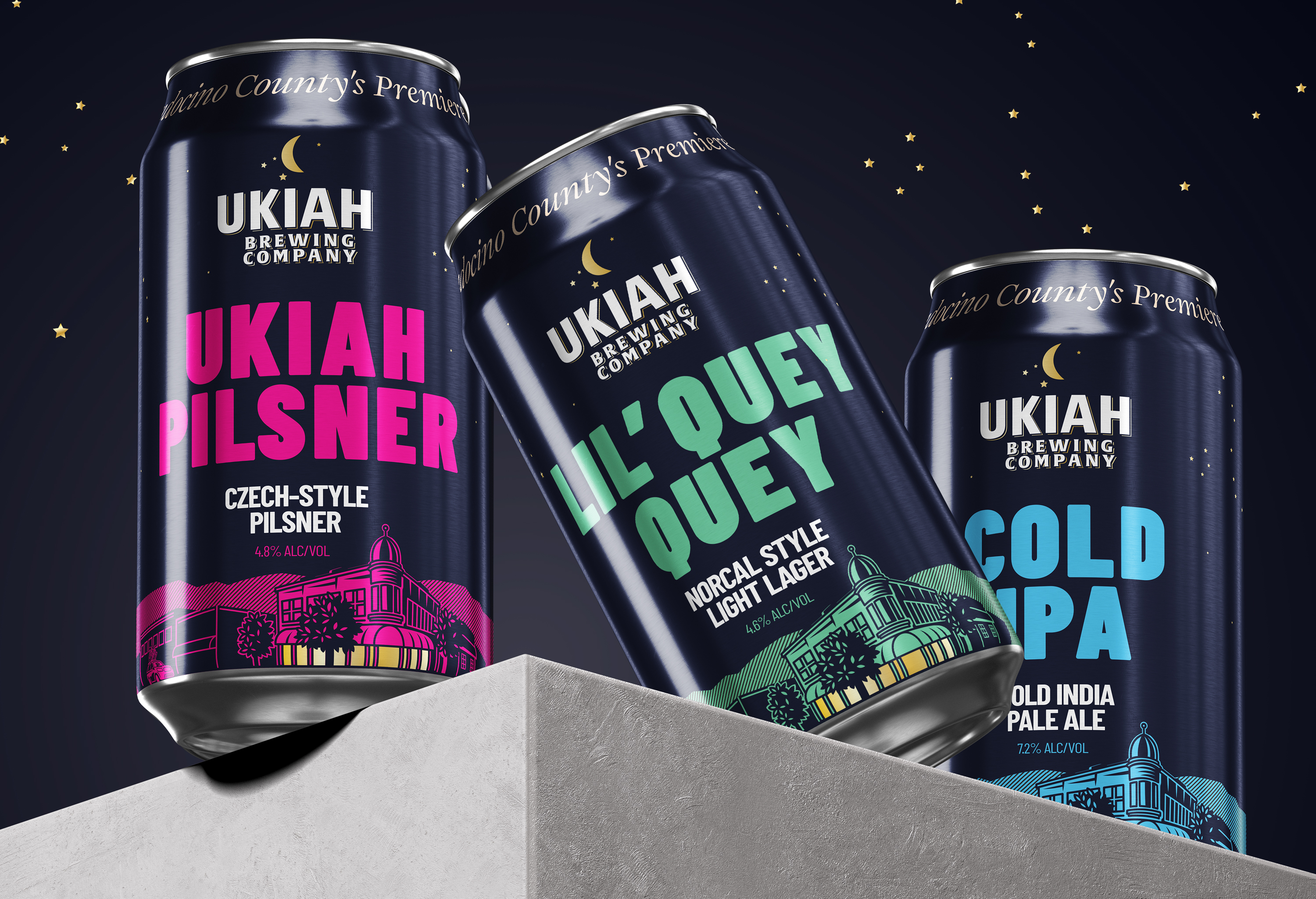 Ukiah Brewing Company canned beer lineup displayed outdoors